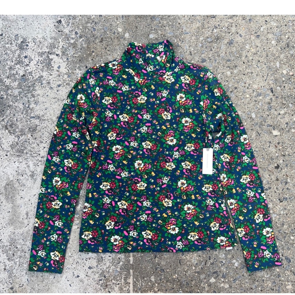 Maeve Anthropologie Floral Turtleneck Top Blue Motif Long Sleeve Mock Neck M NEW